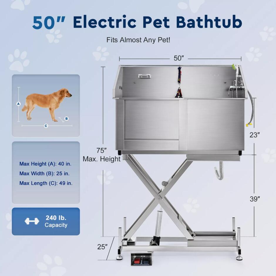 50" 2-IN-1 Stainless Steel Pet Dog Grooming Bath Tub Electric Lift Station Professional Wash Shower