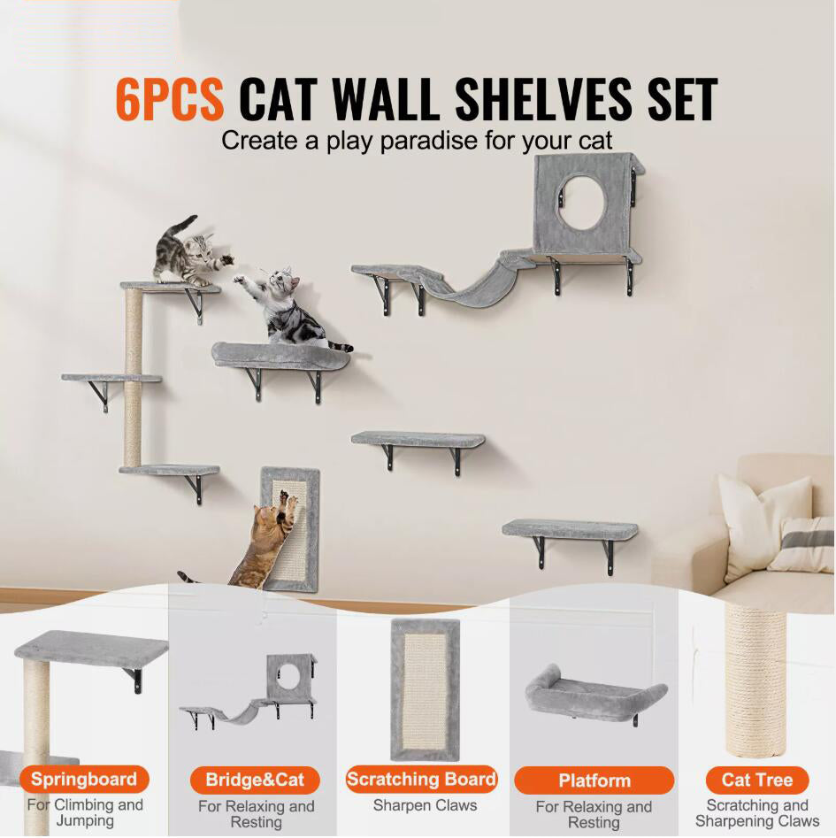 Set of 6 Wall Mounted Comfortable Cat Shelves Tree with Jump Boards Hammock Sofa Grip