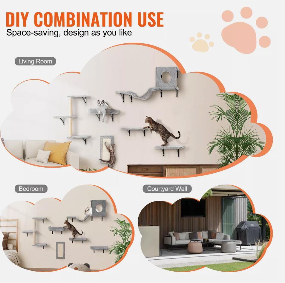 Set of 6 Wall Mounted Comfortable Cat Shelves Tree with Jump Boards Hammock Sofa Grip