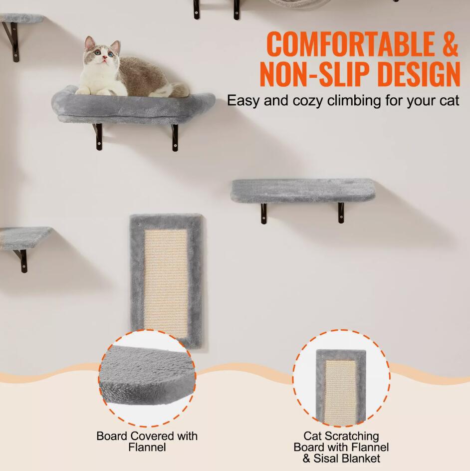 Set of 6 Wall Mounted Comfortable Cat Shelves Tree with Jump Boards Hammock Sofa Grip