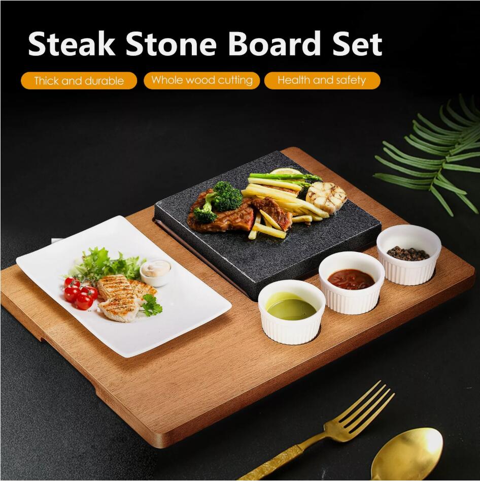 Black Rock Grill Steak Stone Set Hot Stone Cooking Steak Stone With Ceramic Dishes