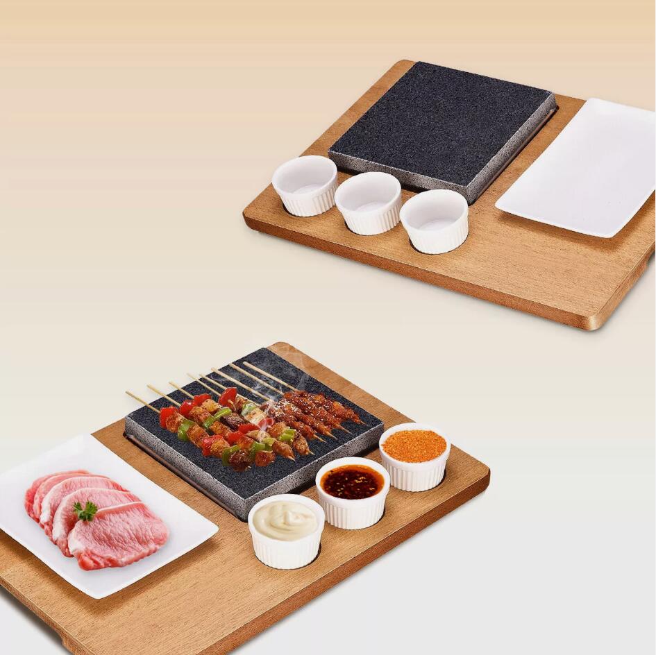 Black Rock Grill Steak Stone Set Hot Stone Cooking Steak Stone With Ceramic Dishes