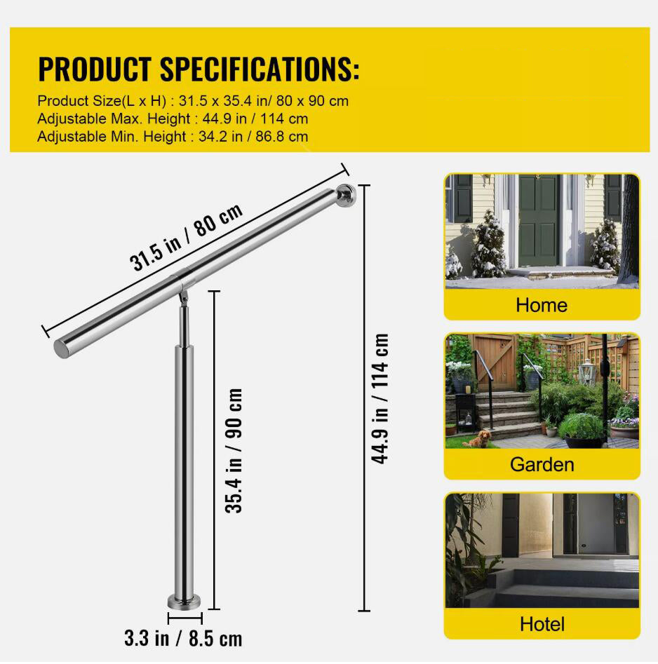 Premium 1-2 Step 80x90cm Outdoor Handrail Stair Railing Durable Stainless Steel Rail Wall