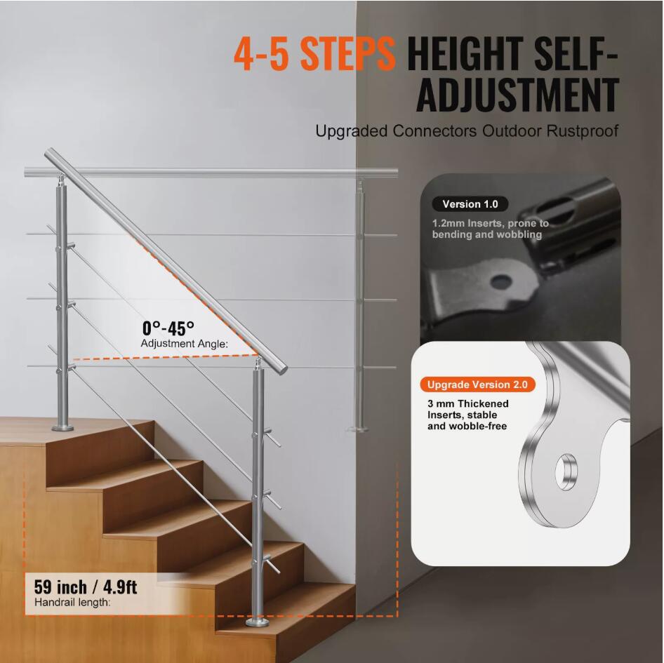 59in Heavy Duty Adjustable Handrails for Outdoor Steps 3 Crossbars Staircase AU