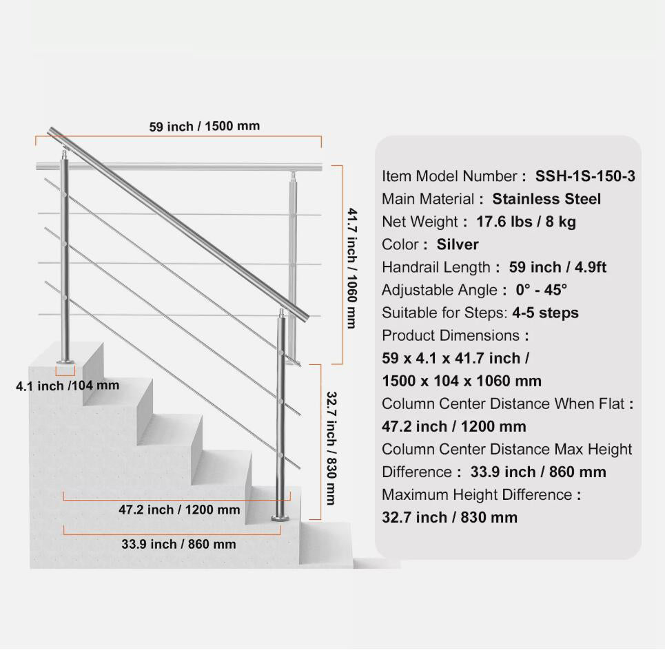 59in Heavy Duty Adjustable Handrails for Outdoor Steps 3 Crossbars Staircase AU