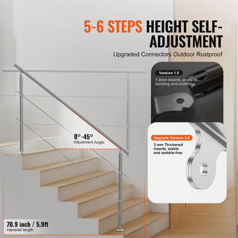 70.9in Heavy Duty Adjustable Handrails for Outdoor Steps 3 Crossbars Staircase AU