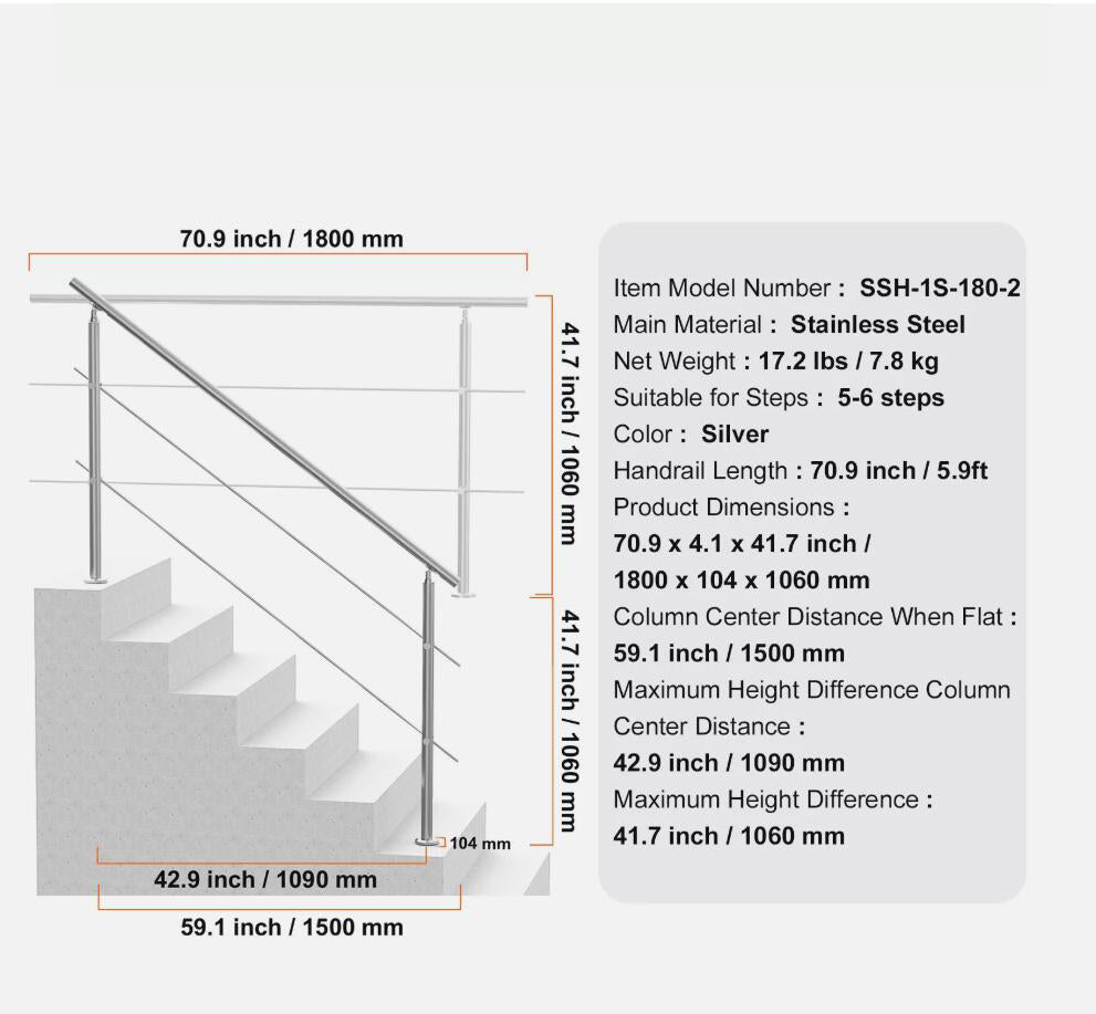 70.9in Heavy Duty Adjustable Handrails for Outdoor Steps 3 Crossbars Staircase AU