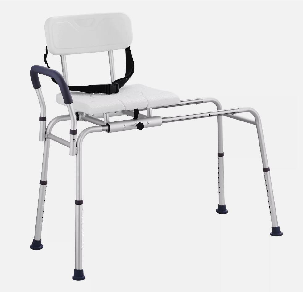 Adjustable Sliding Tub Transfer Bench Shower Chair & Strong Cut-Out Seat Reversible Backrest