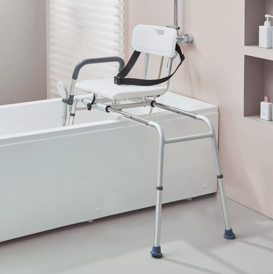 Adjustable Sliding Tub Transfer Bench Shower Chair & Strong Cut-Out Seat Reversible Backrest