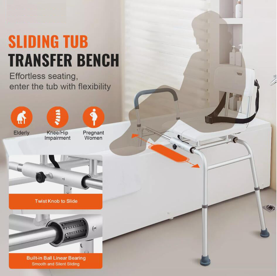 Adjustable Sliding Tub Transfer Bench Shower Chair & Strong Cut-Out Seat Reversible Backrest