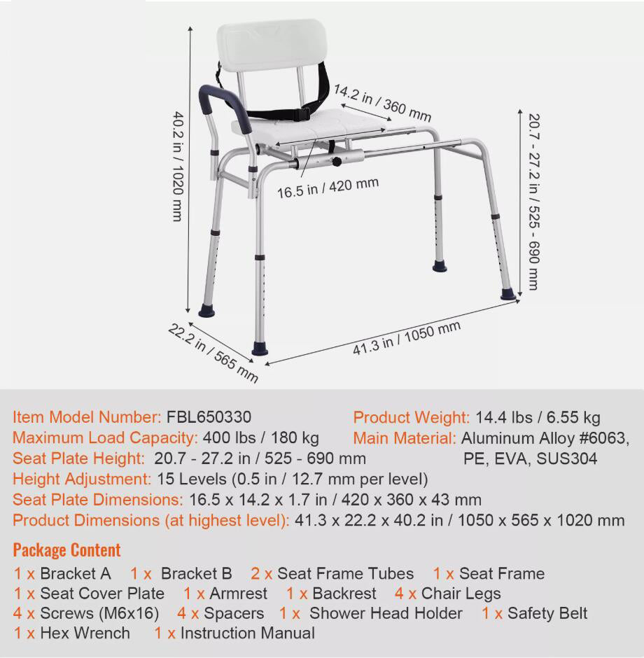 Adjustable Sliding Tub Transfer Bench Shower Chair & Strong Cut-Out Seat Reversible Backrest