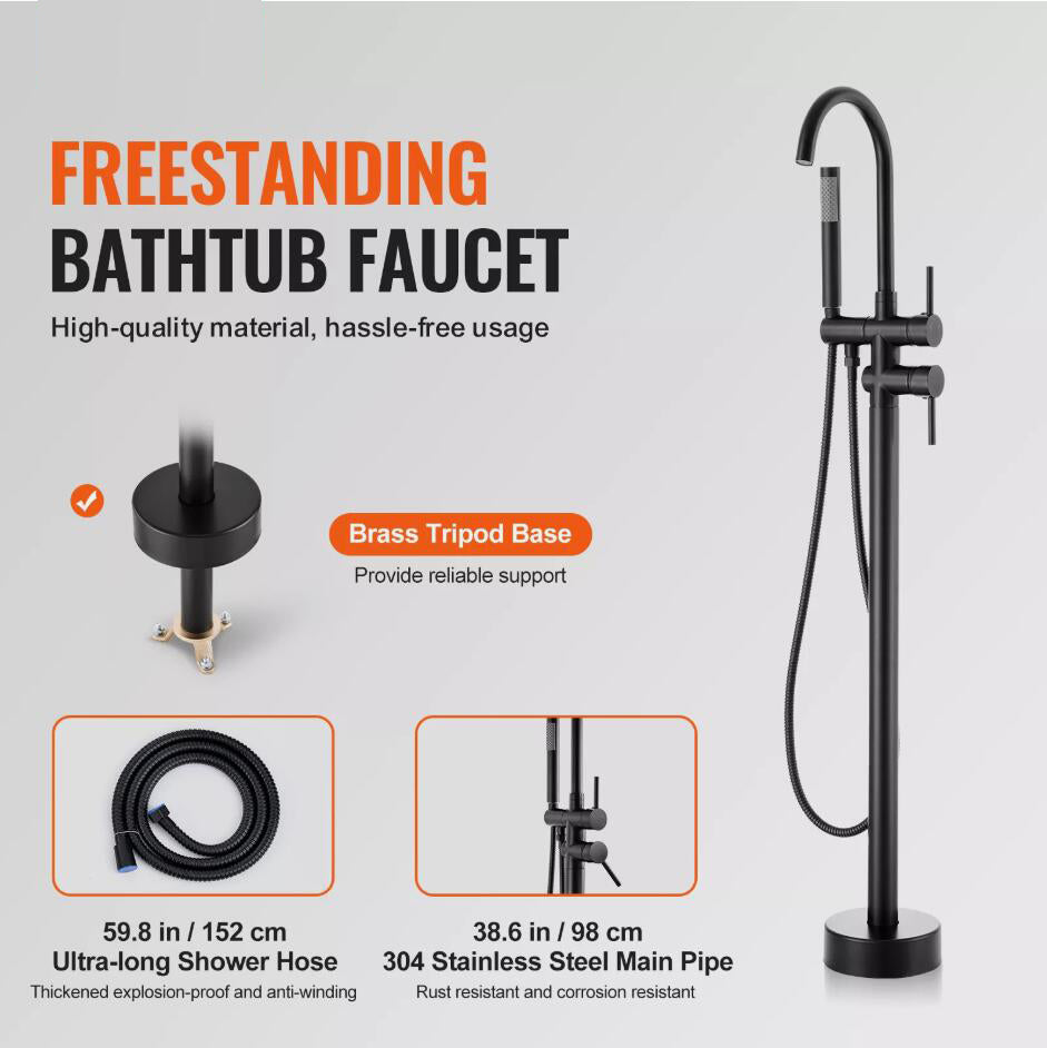 360° Flexible Freestanding Bathtub Faucet Floor Mount Two Water Modes High Flow