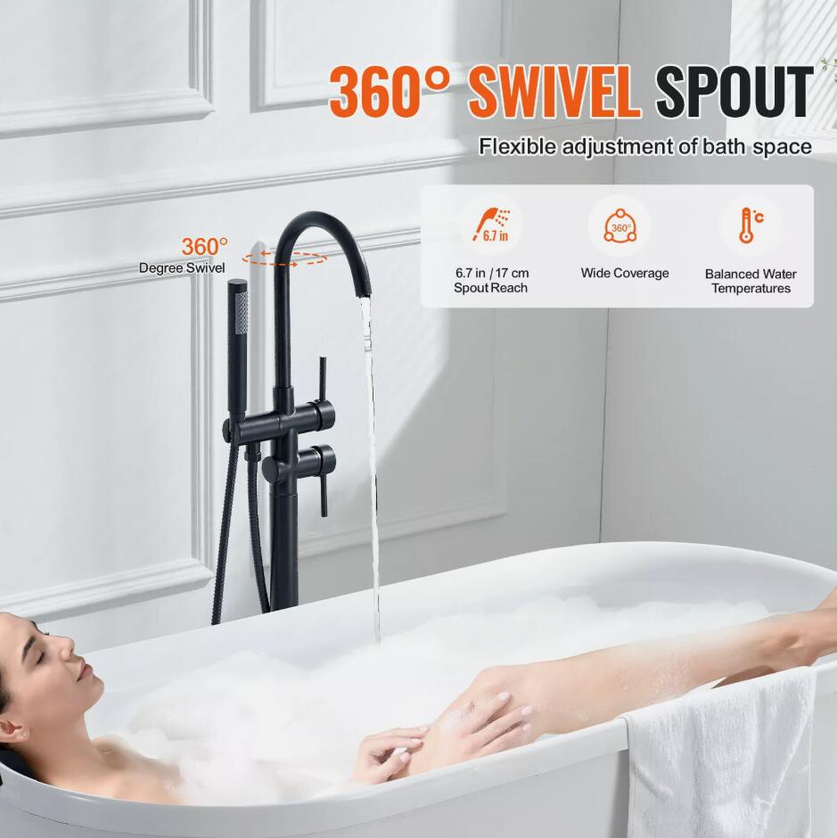 360° Flexible Freestanding Bathtub Faucet Floor Mount Two Water Modes High Flow