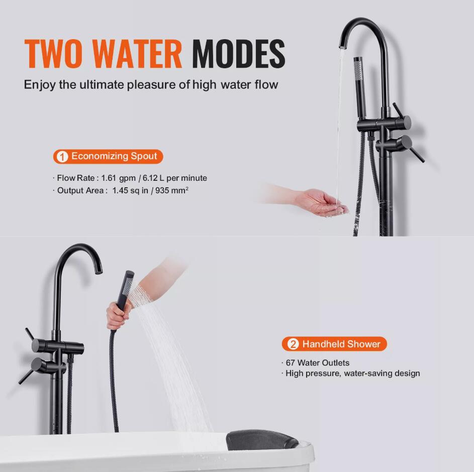 360° Flexible Freestanding Bathtub Faucet Floor Mount Two Water Modes High Flow