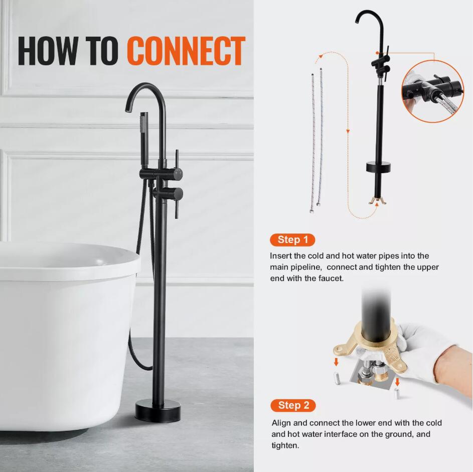 360° Flexible Freestanding Bathtub Faucet Floor Mount Two Water Modes High Flow