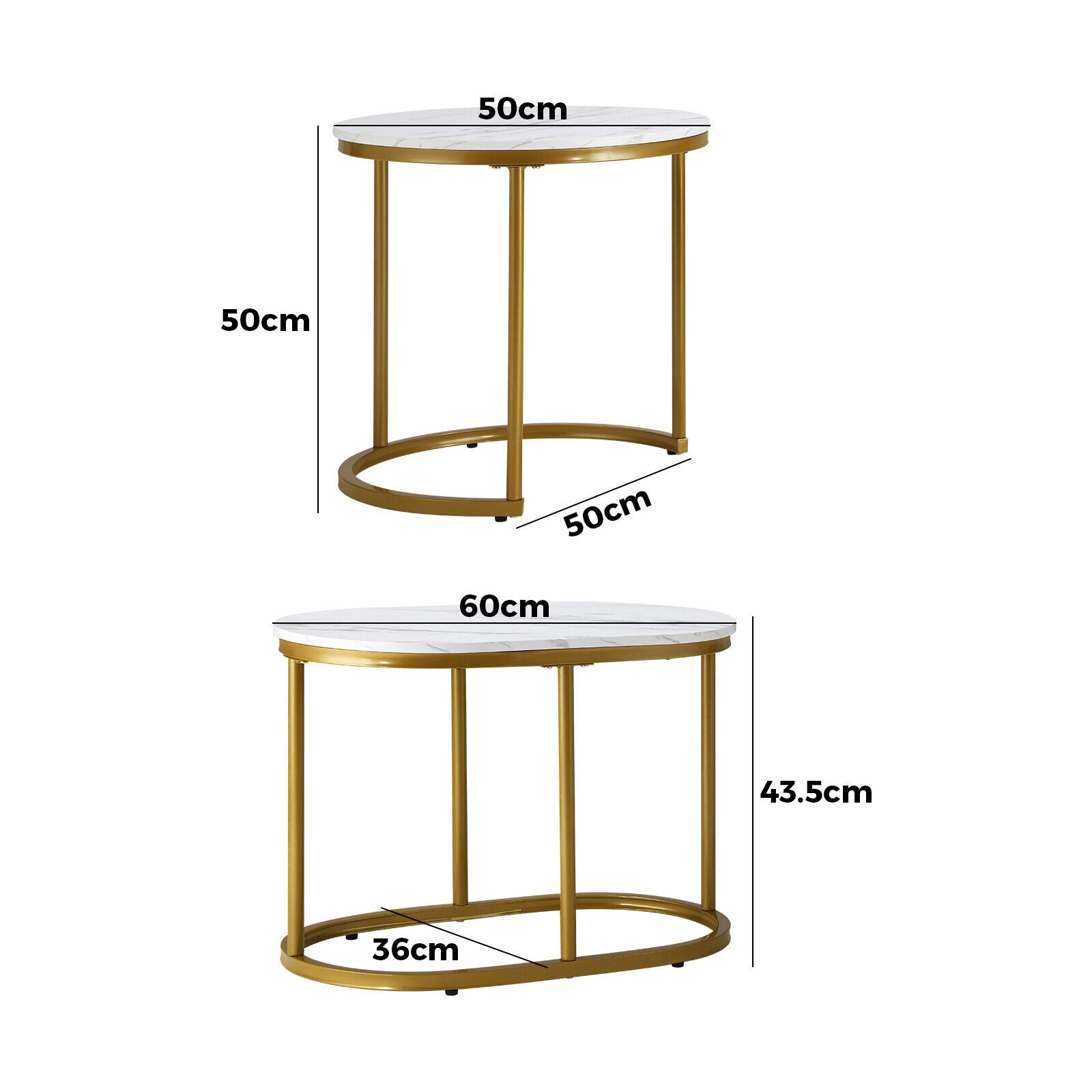 Set of 2 Round Oval Marble Coffee Table Nesting Side End Table Gold