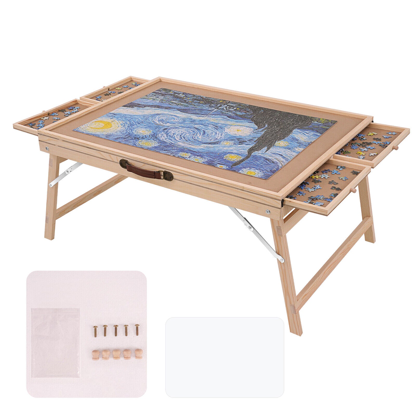 NEW 1500 Piece Wooden Puzzle Board with Legs Drawers Cover Portable Jigsaw