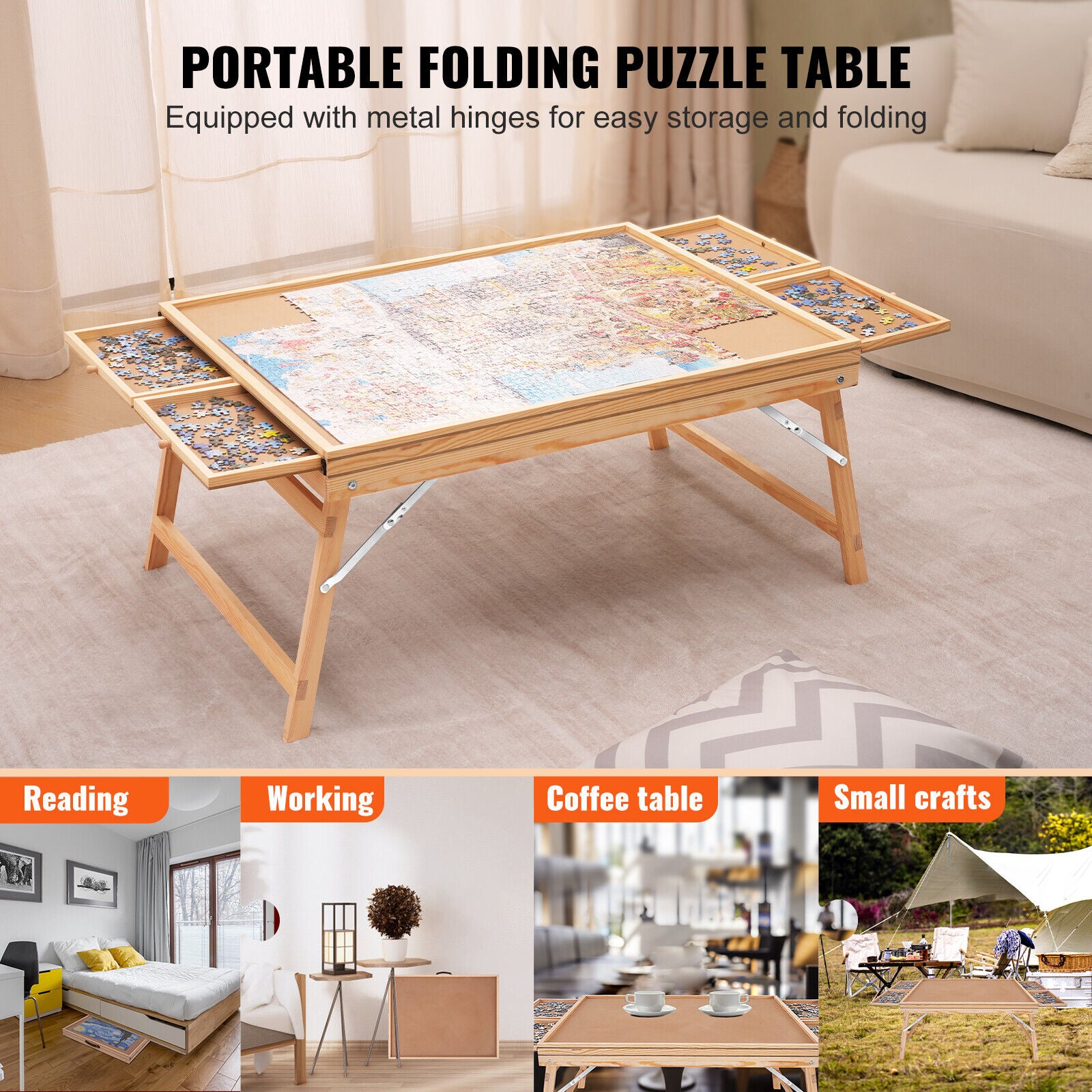 NEW 1500 Piece Wooden Puzzle Board with Legs Drawers Cover Portable Jigsaw