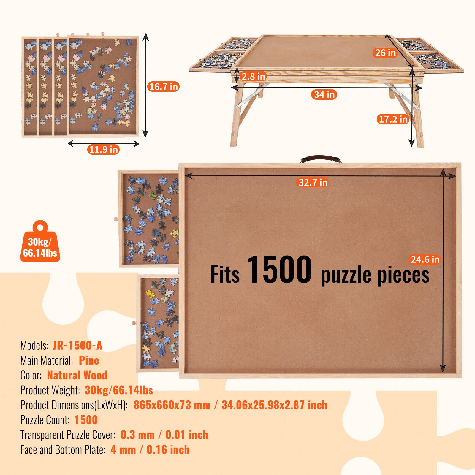 NEW 1500 Piece Wooden Puzzle Board with Legs Drawers Cover Portable Jigsaw