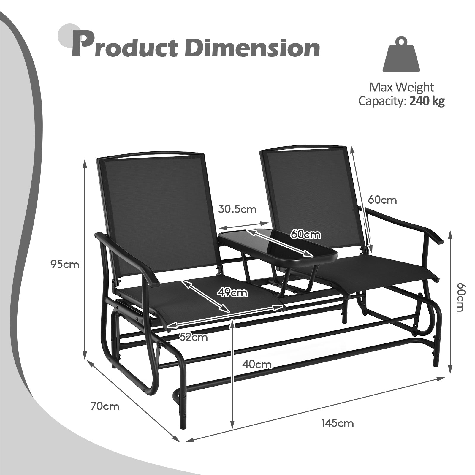 Large Outdoor Double Glider Patio Chair Loveseat Rocking with Center Table