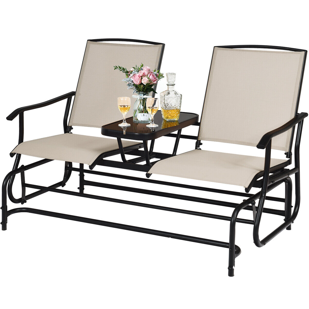 Large Outdoor Double Glider Patio Chair Loveseat Rocking with Center Table