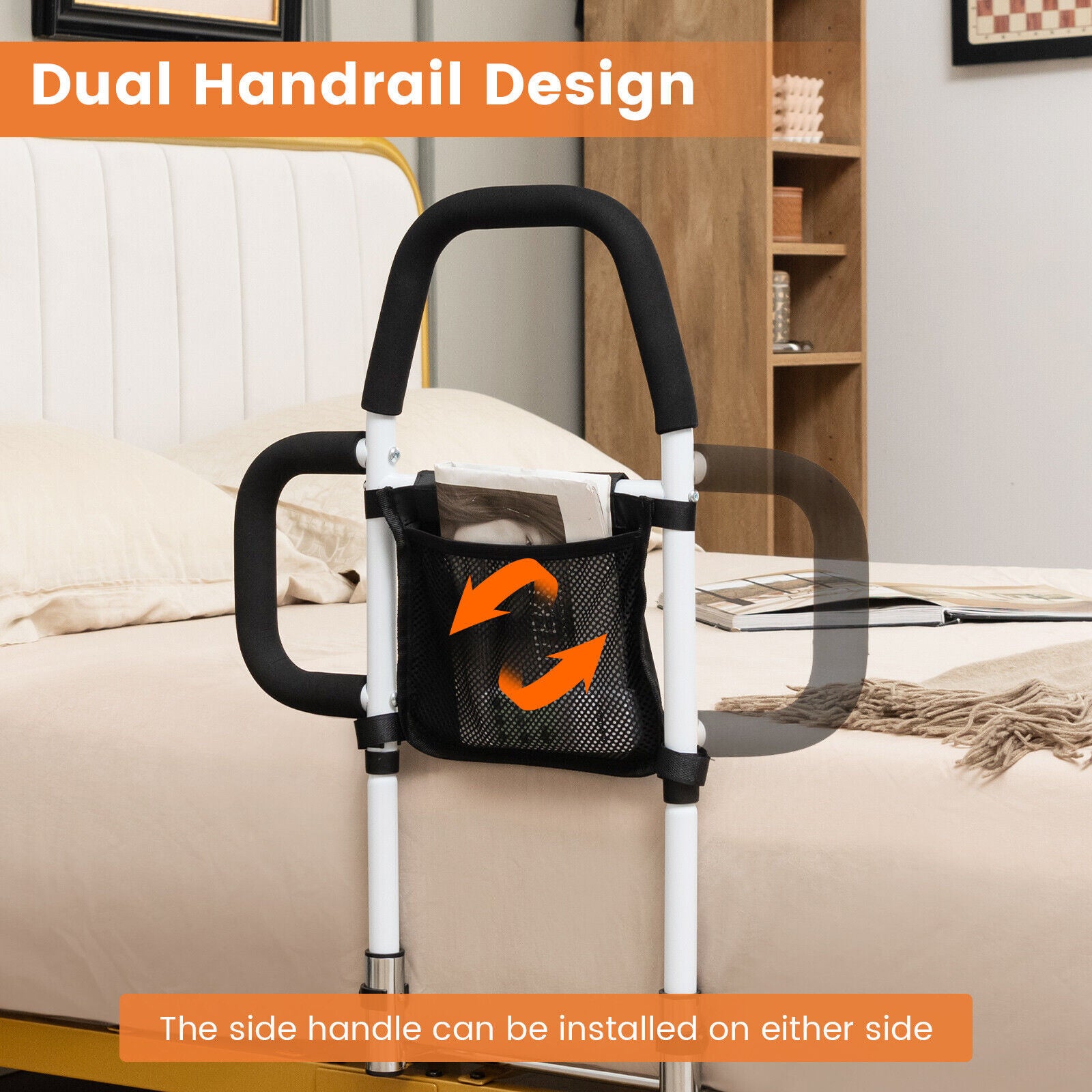 Dual Handrail Bed Rail Safety Assist for Elderly Adults With Storage Pocket Fixing Strap