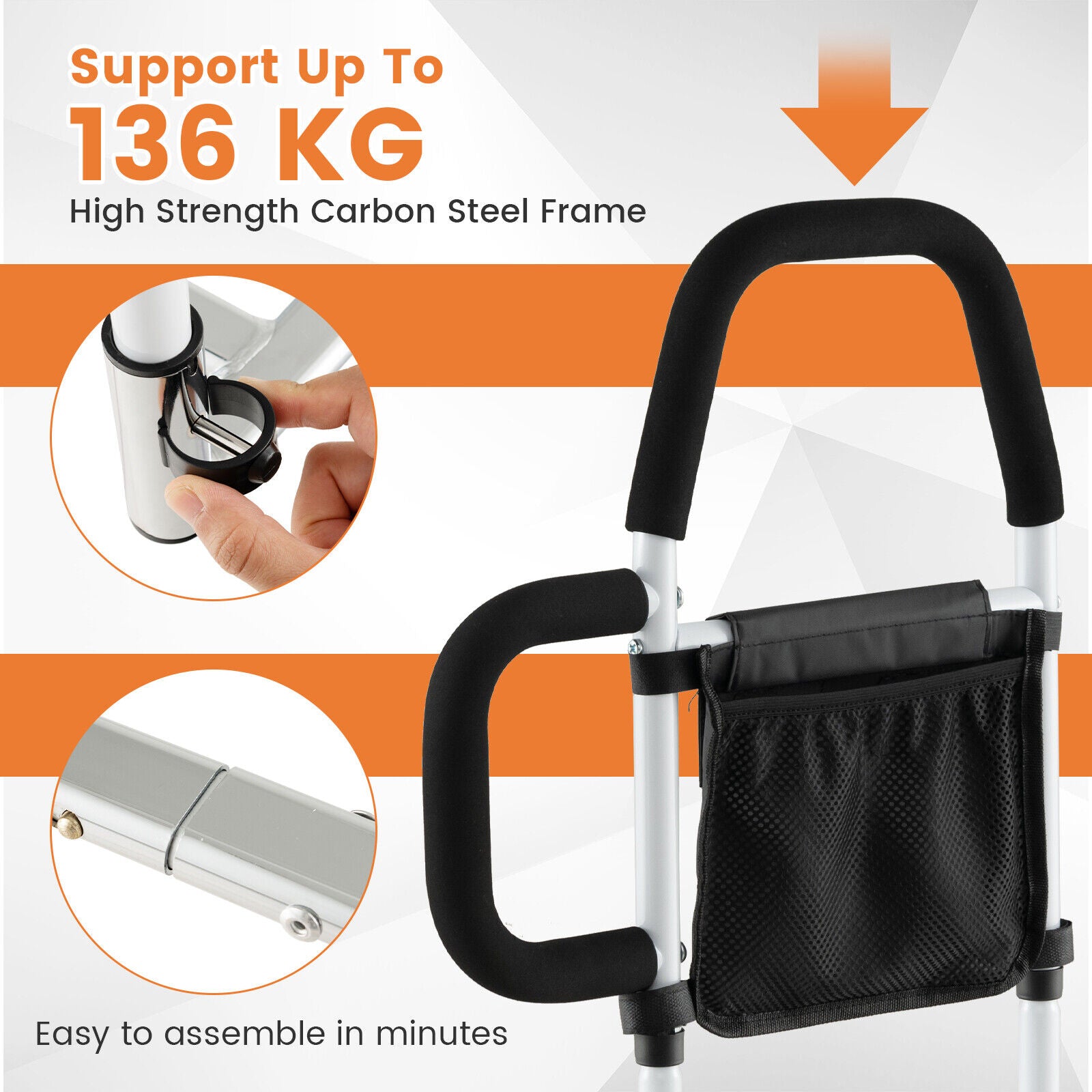 Dual Handrail Bed Rail Safety Assist for Elderly Adults With Storage Pocket Fixing Strap