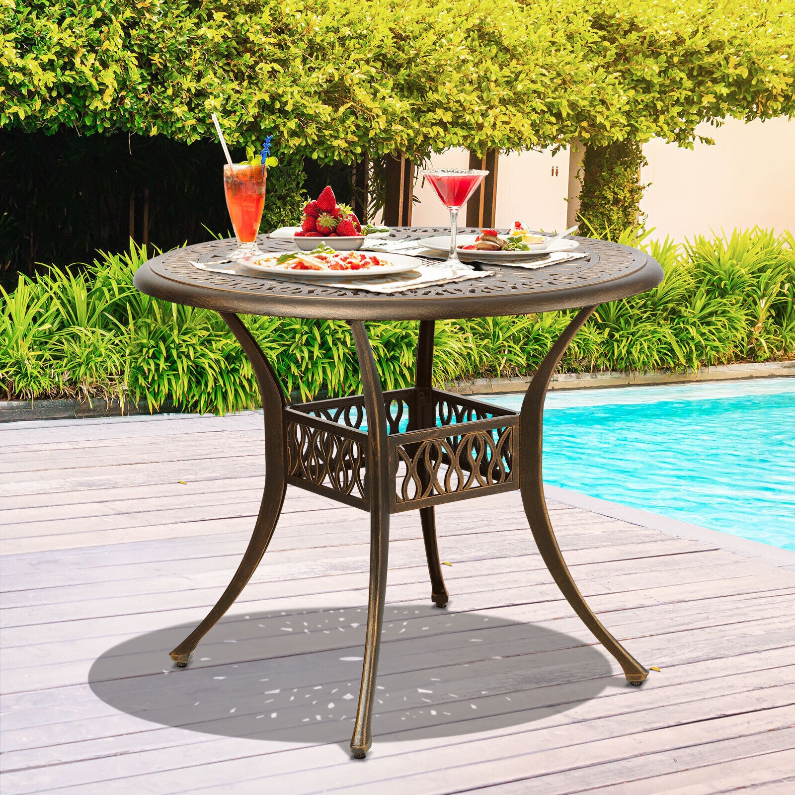 75CM Bronze Cast Aluminium Outdoor Garden Patio Dining Side Table With 50mm Umbrella Hole