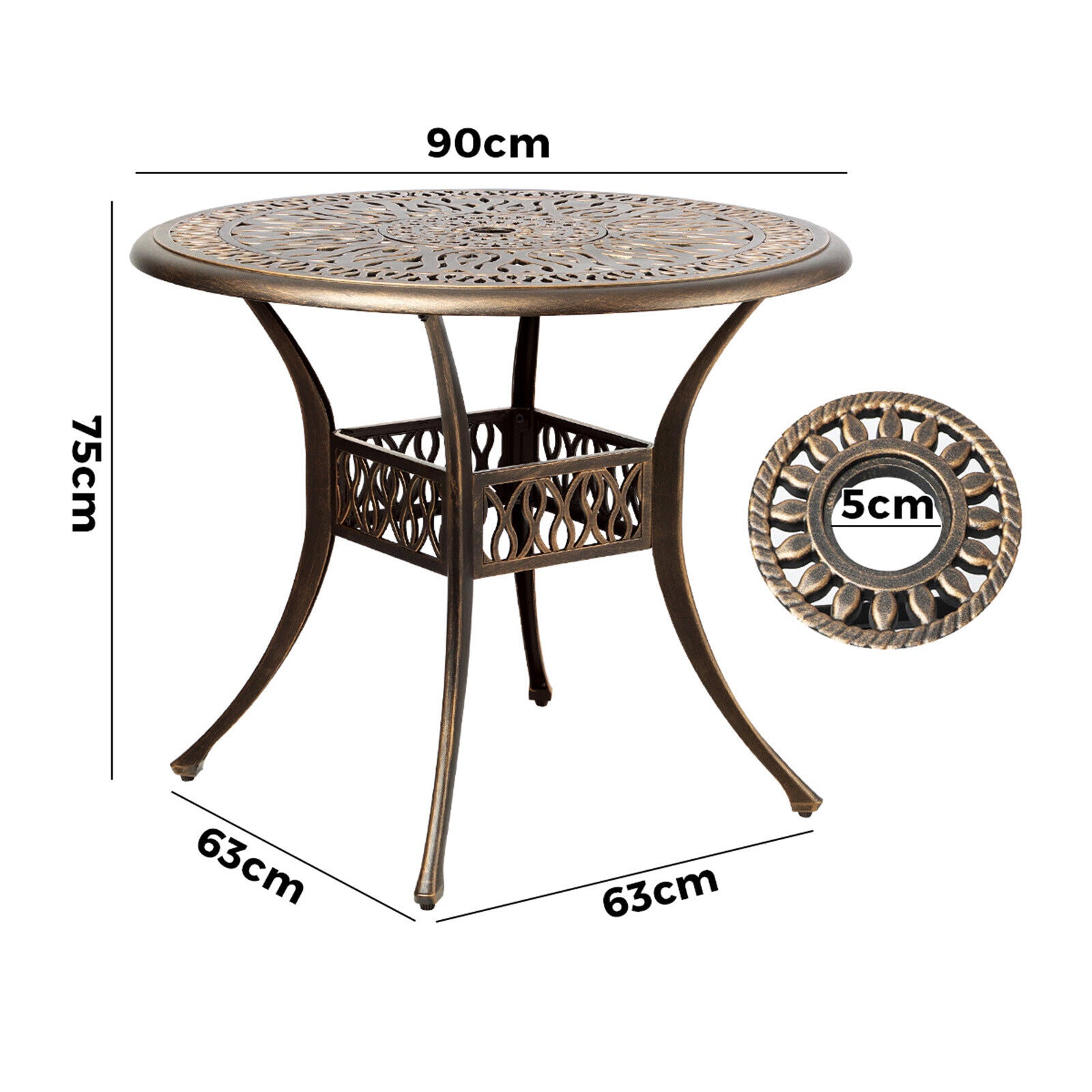 75CM Bronze Cast Aluminium Outdoor Garden Patio Dining Side Table With 50mm Umbrella Hole