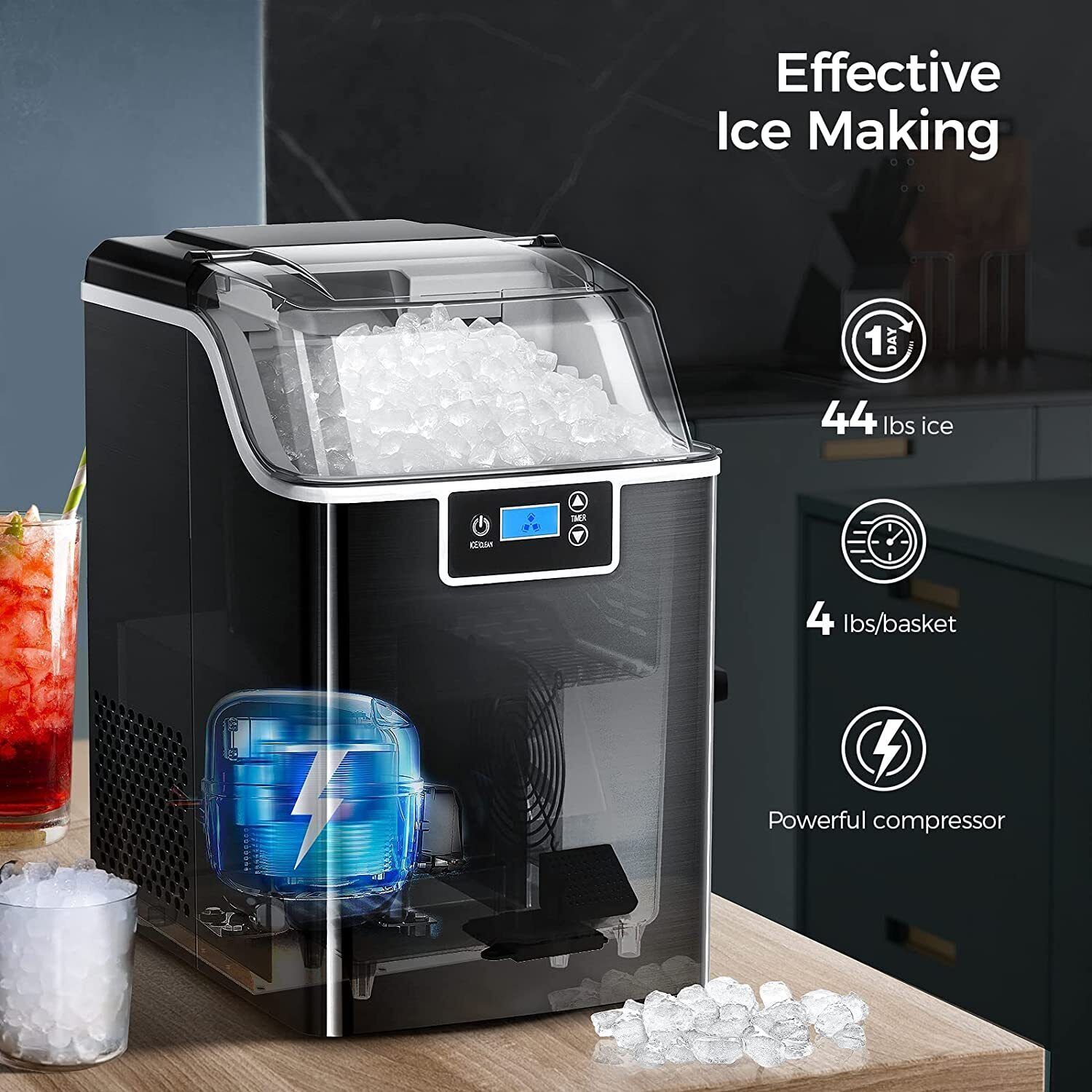 2.8L Portable Efficient Nugget Ice Maker Countertop with Self-Cleaning for Home Kitchen Office Bar