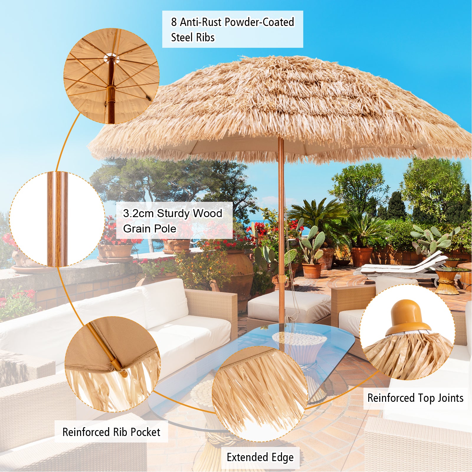 NEW 2.43M Portable Thatched Patio Tiki Umbrella 8 Ribs Hawaiian Hula Beach