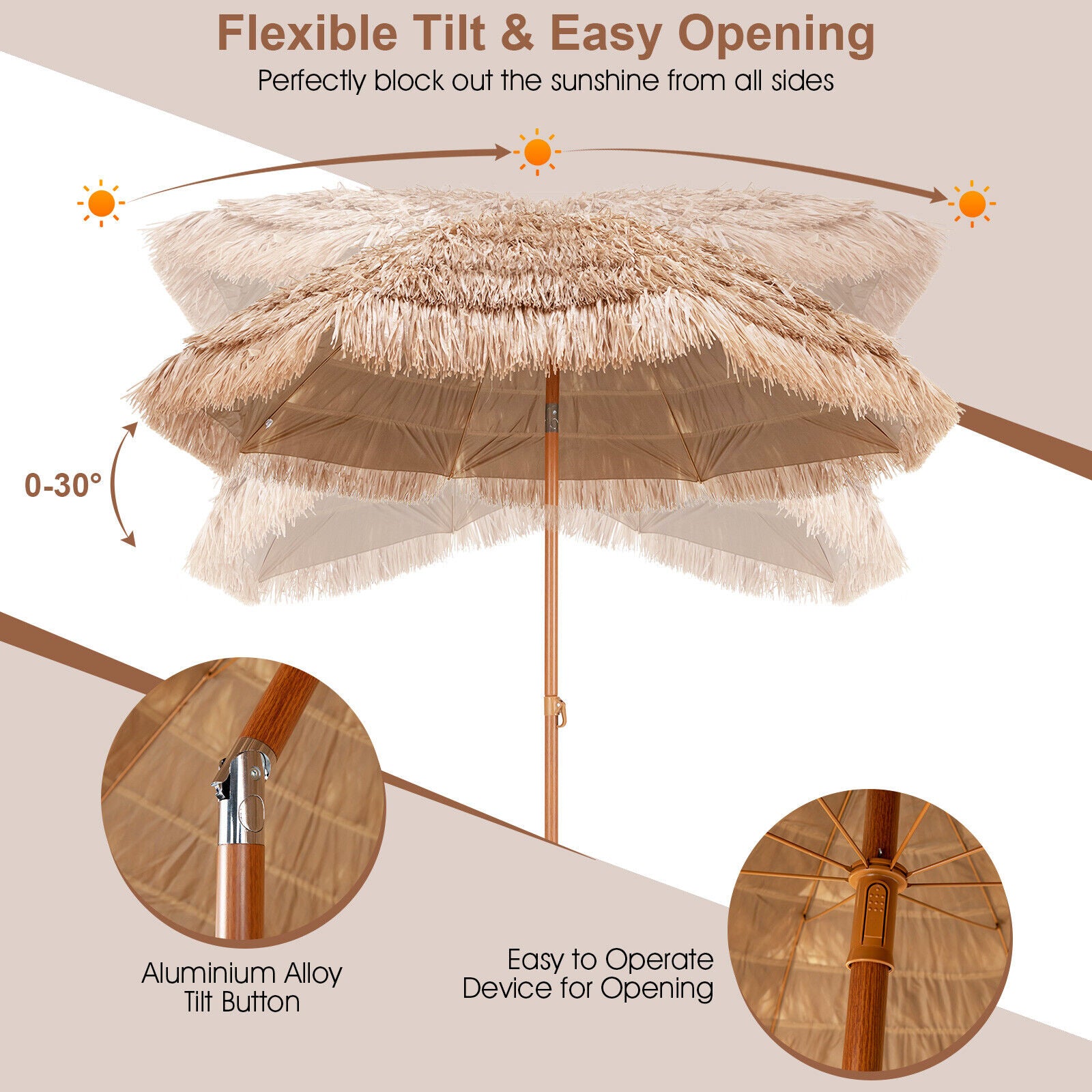 NEW 2.43M Portable Thatched Patio Tiki Umbrella 8 Ribs Hawaiian Hula Beach