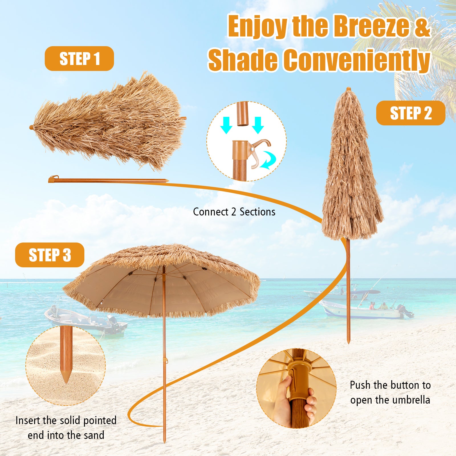 NEW 2.43M Portable Thatched Patio Tiki Umbrella 8 Ribs Hawaiian Hula Beach