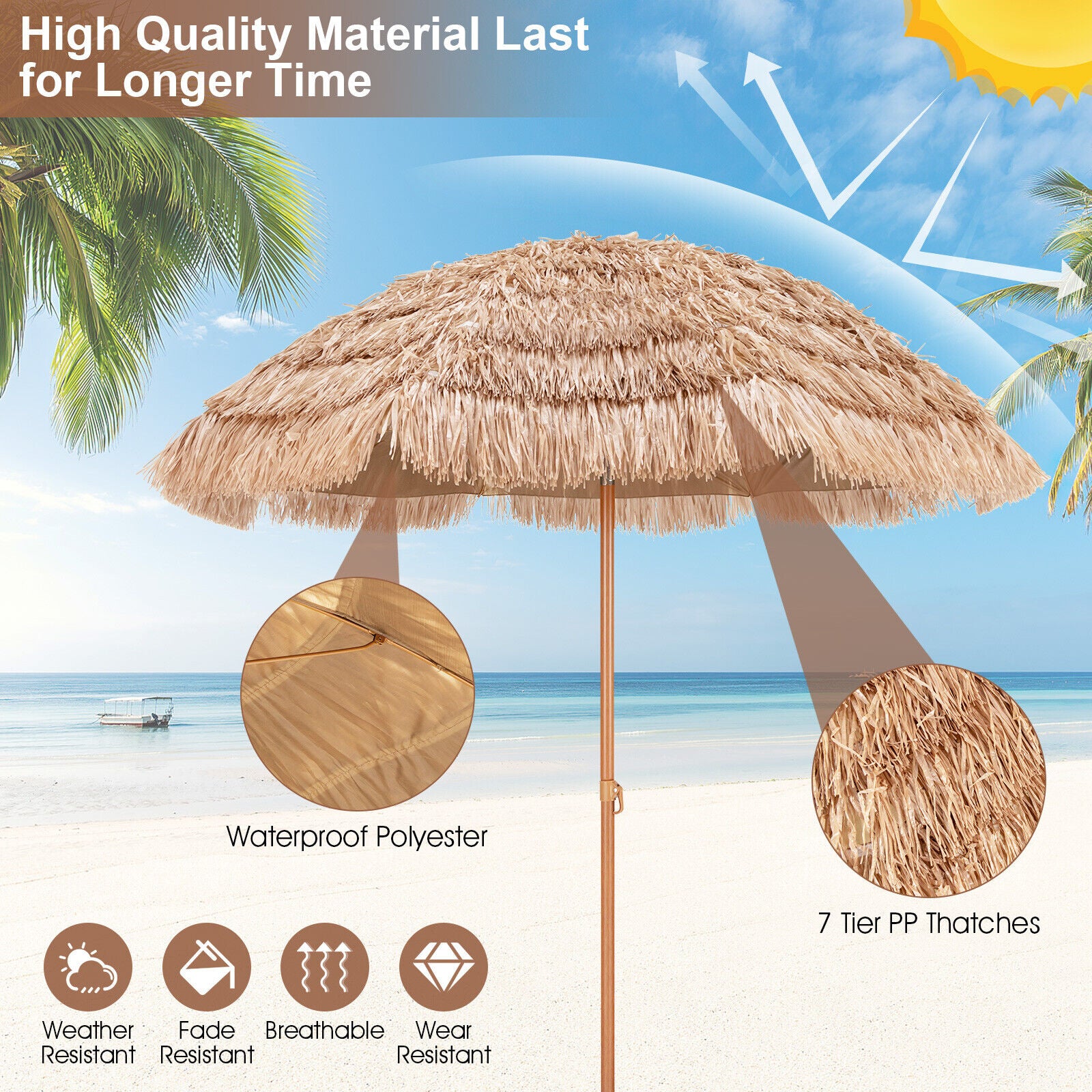 NEW 2.43M Portable Thatched Patio Tiki Umbrella 8 Ribs Hawaiian Hula Beach