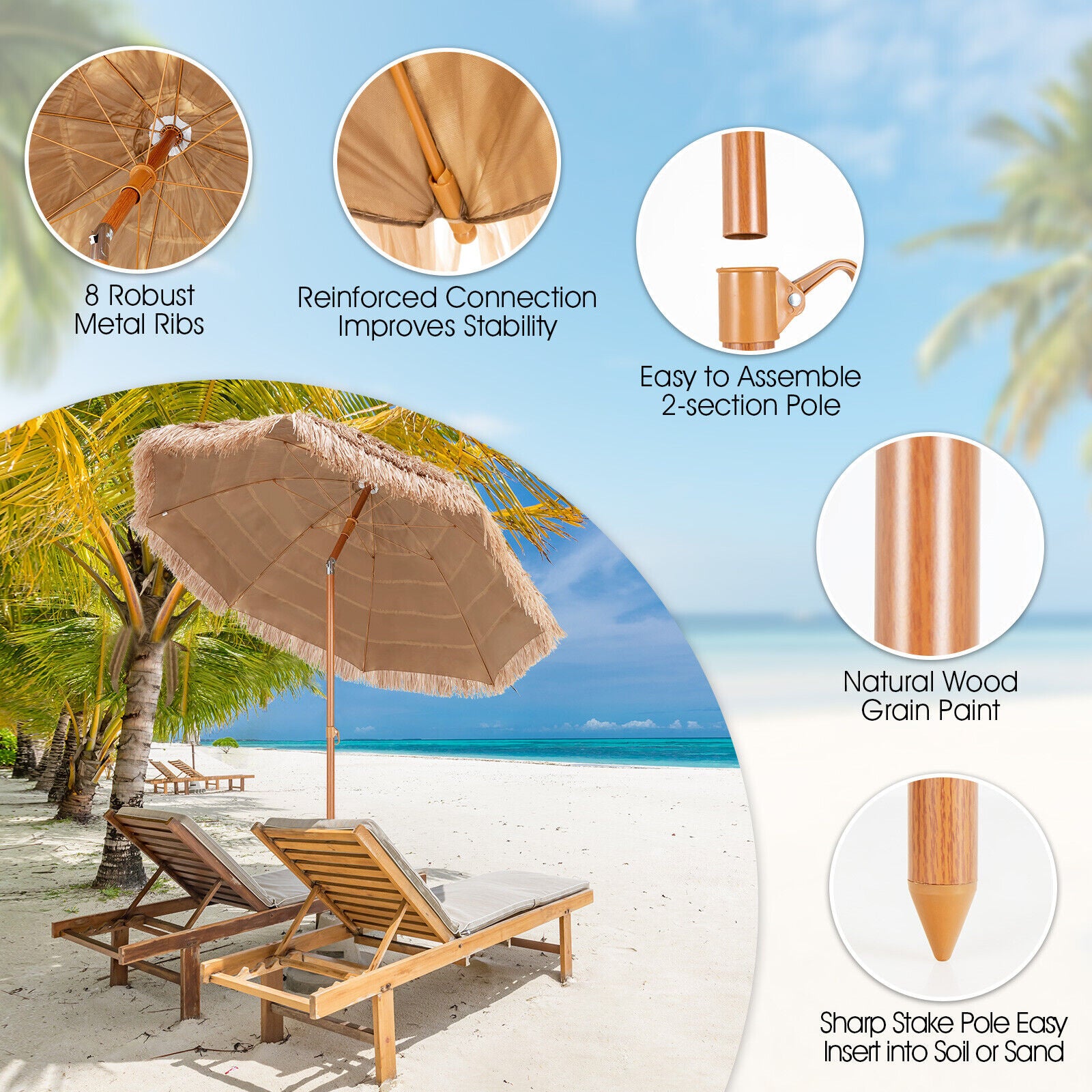 NEW 2.43M Portable Thatched Patio Tiki Umbrella 8 Ribs Hawaiian Hula Beach