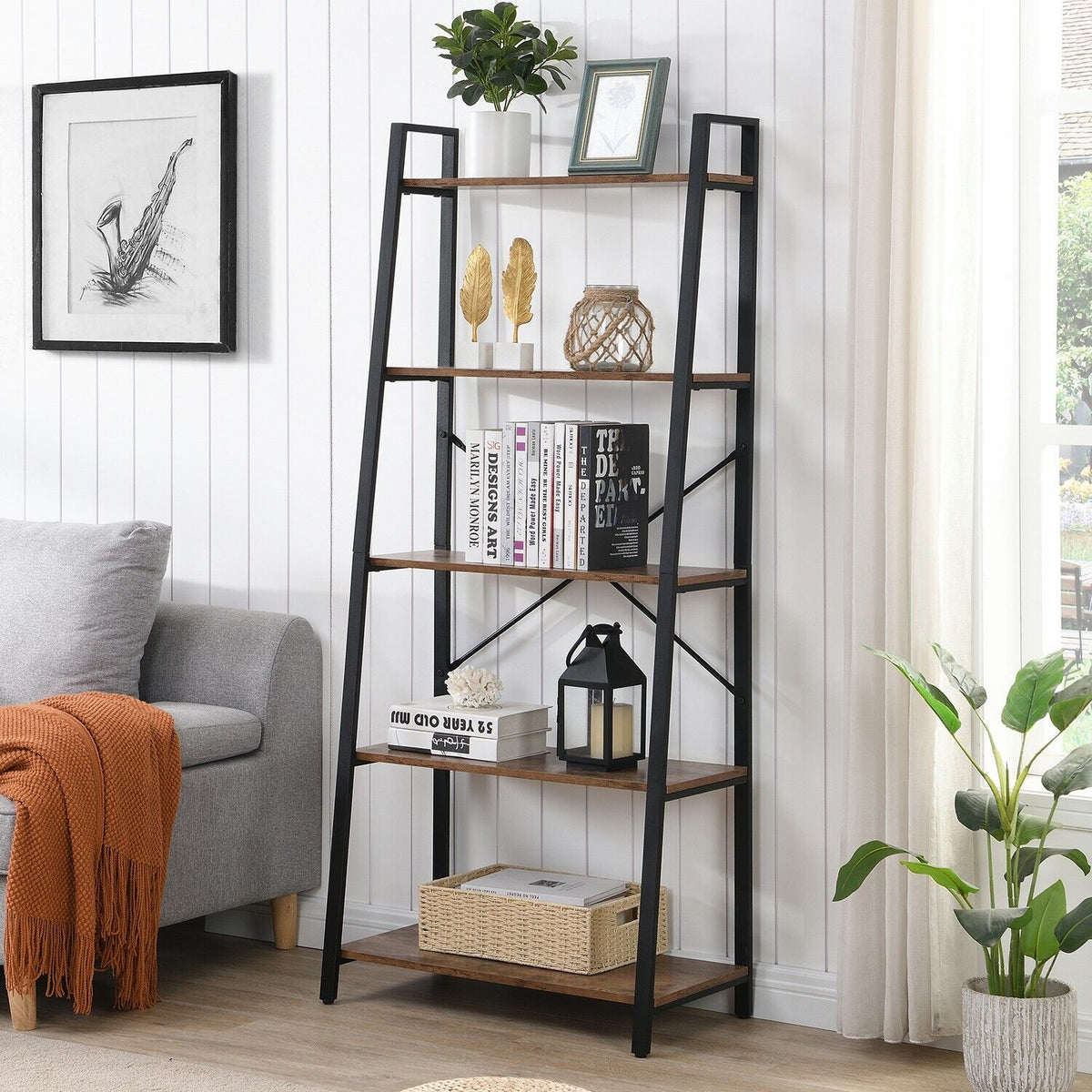 5 Tier Industrial Ladder Bookcases Display Rack – Smart Home