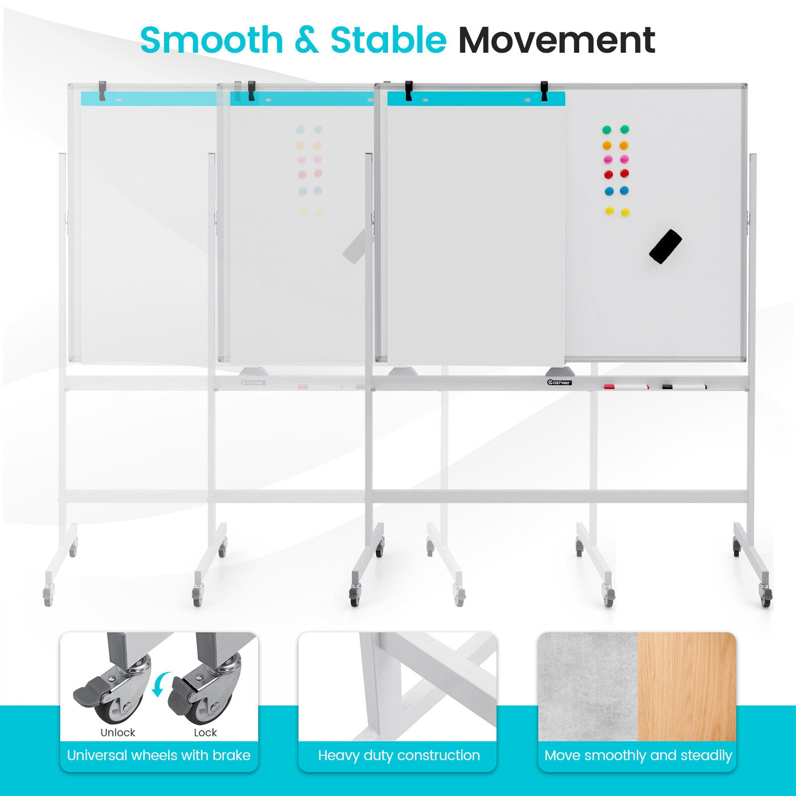 120cm x 90cm Mobile Magnetic Double-Sided Reversible Whiteboard- White