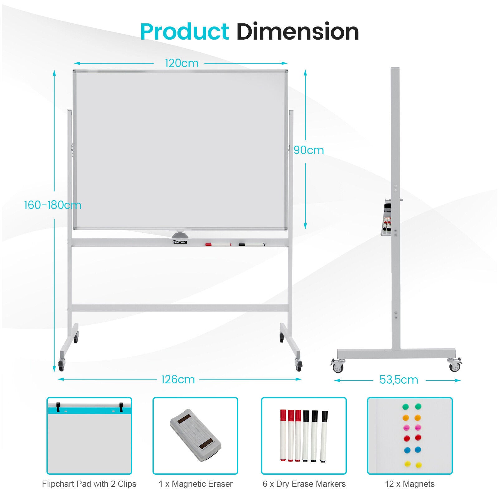 120cm x 90cm Mobile Magnetic Double-Sided Reversible Whiteboard- White
