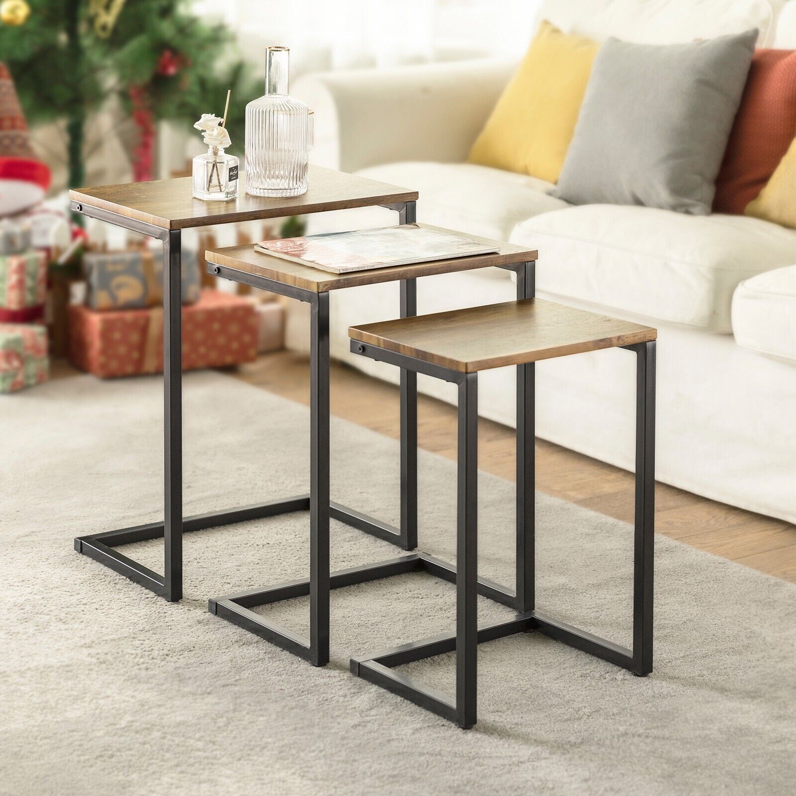 Set of 3 Side Tables Industrial Style Bedside Sofa Side End Table