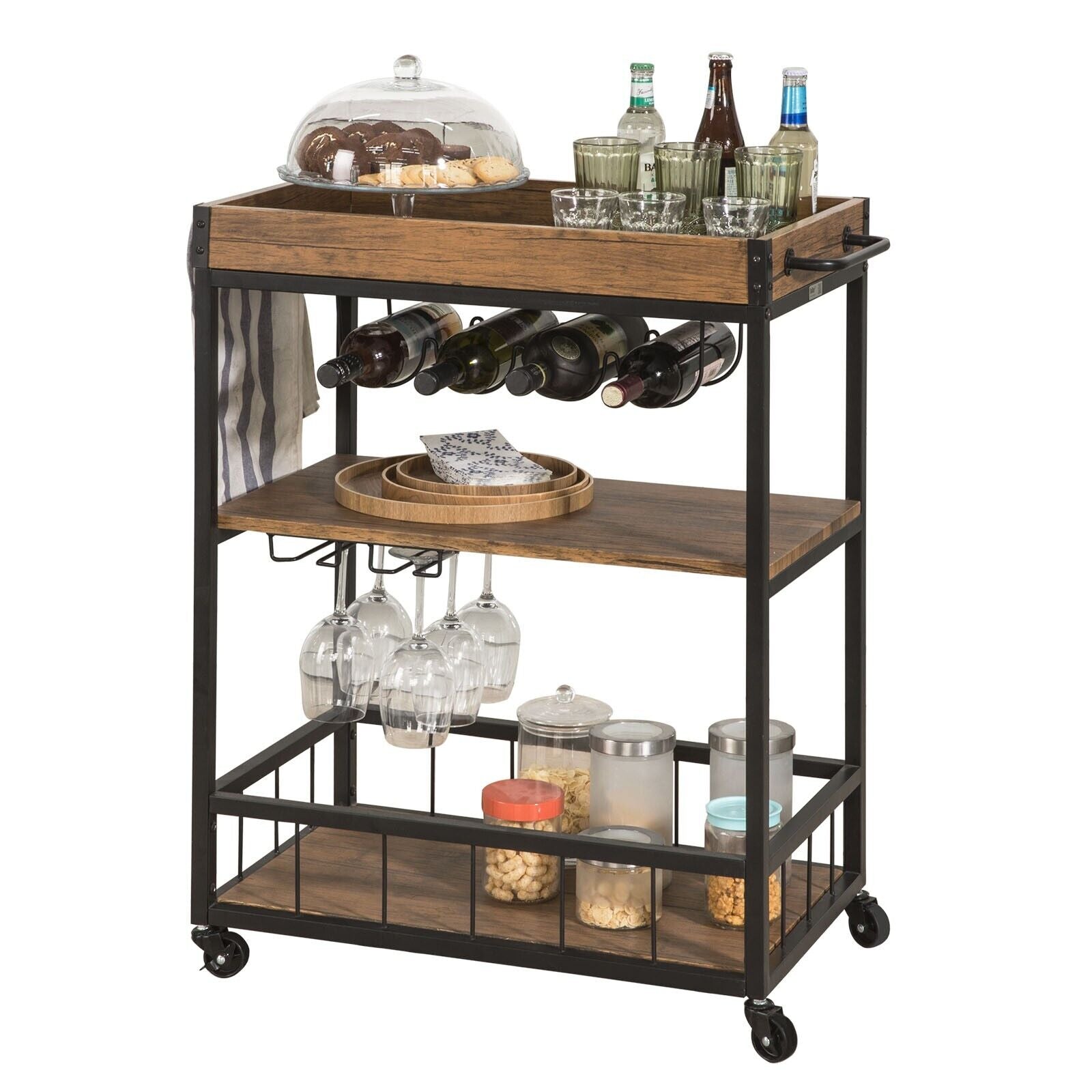 Kitchen Trolley with Wine Rack Glass Rack and Serving Tray