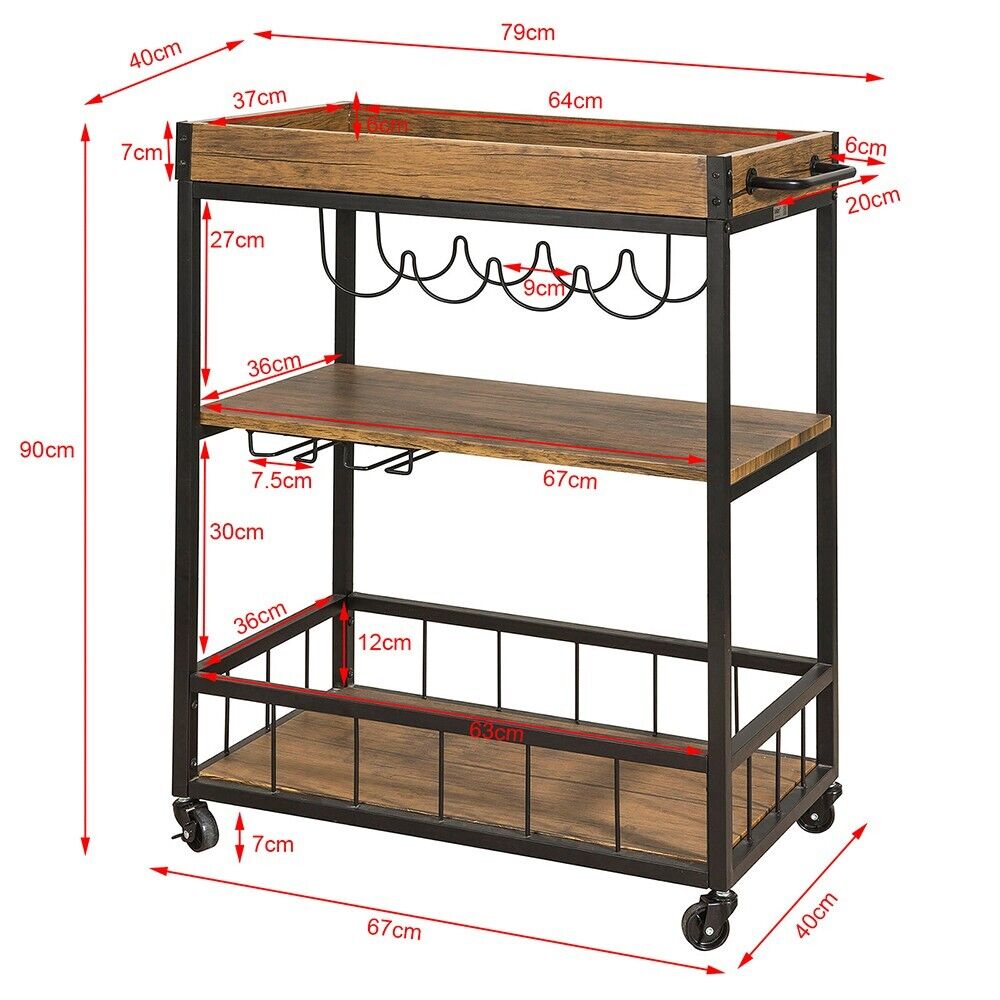 Kitchen Trolley with Wine Rack Glass Rack and Serving Tray