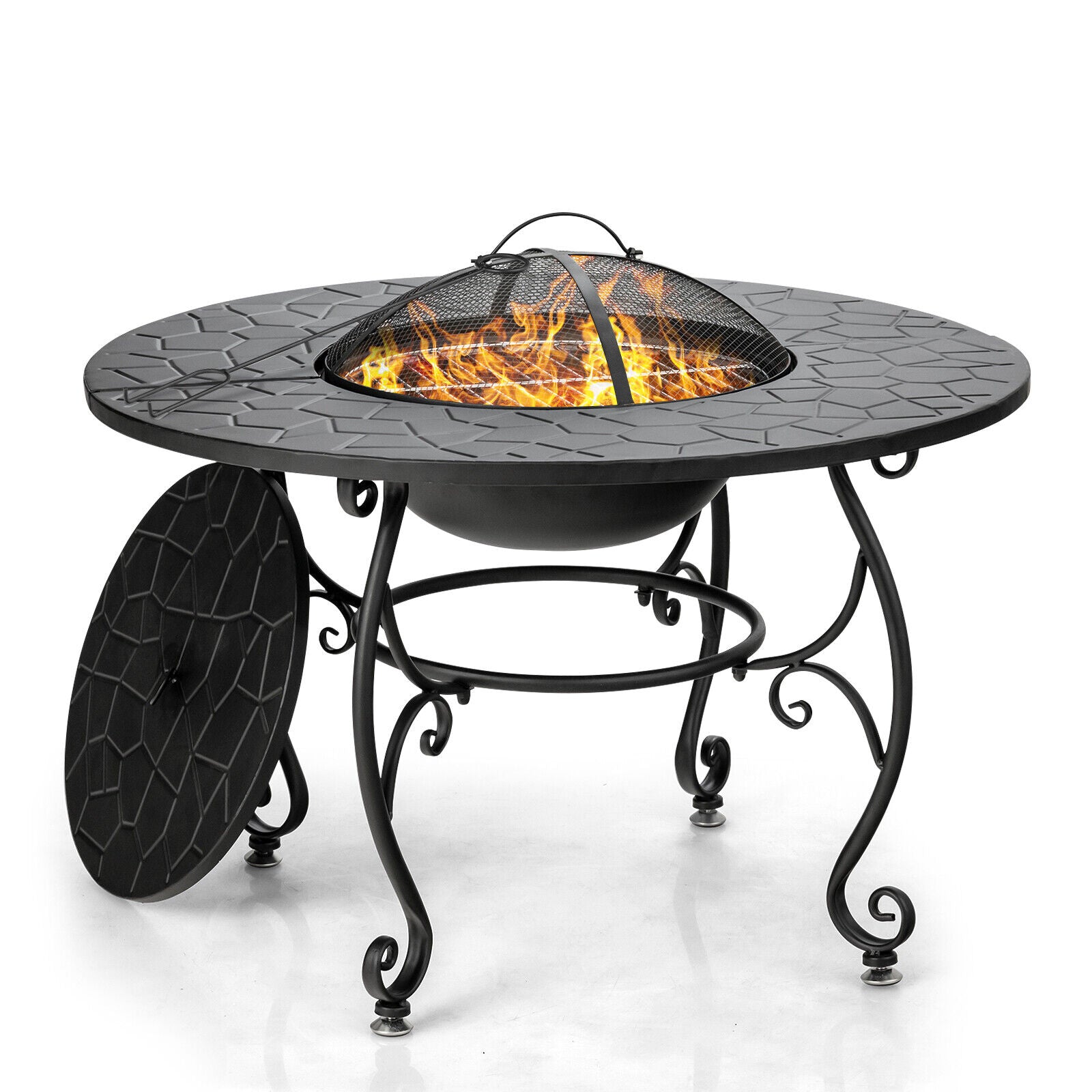 35.5" Patio Fire Pit Table Charcoal Wood with Cooking BBQ Grate