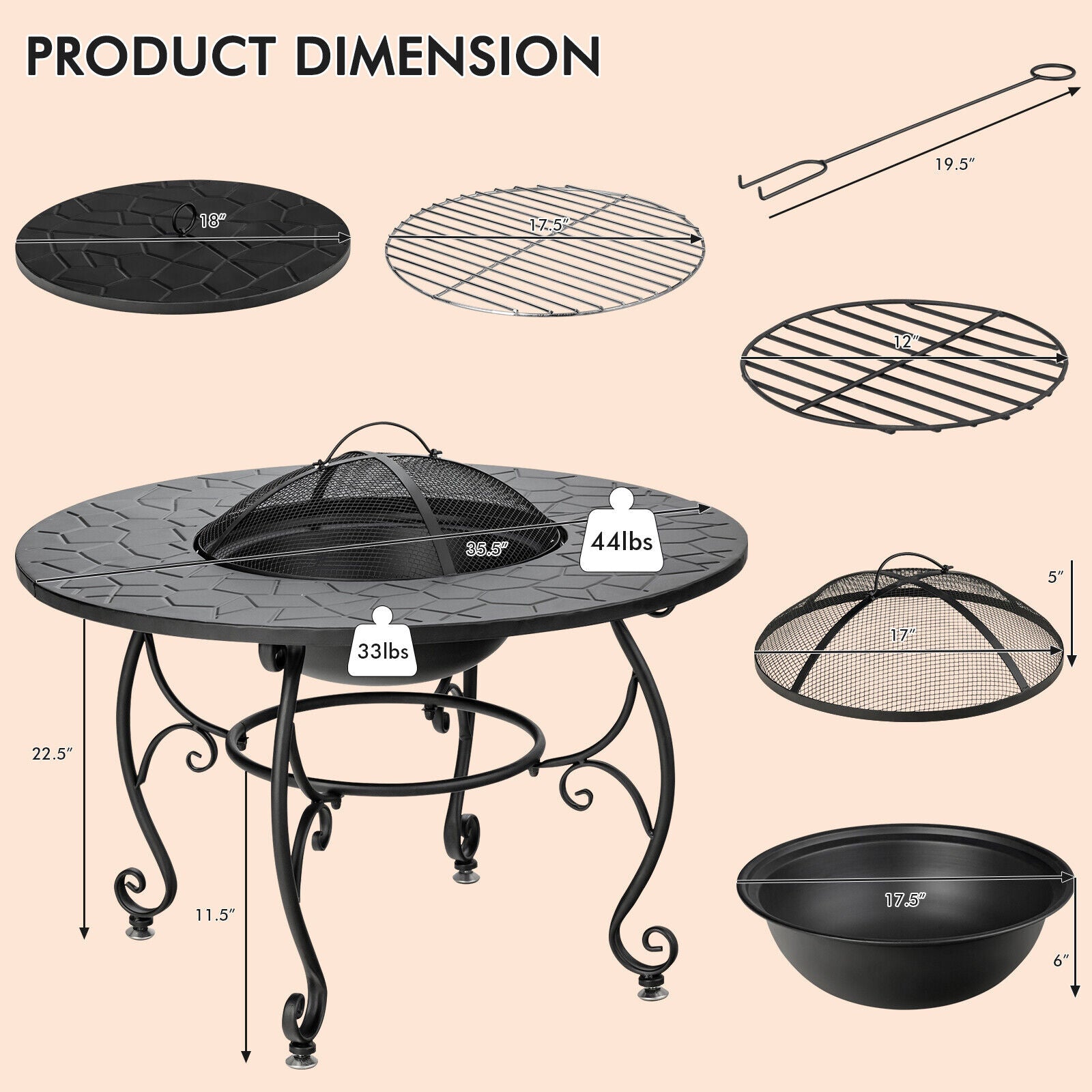 35.5" Patio Fire Pit Table Charcoal Wood with Cooking BBQ Grate