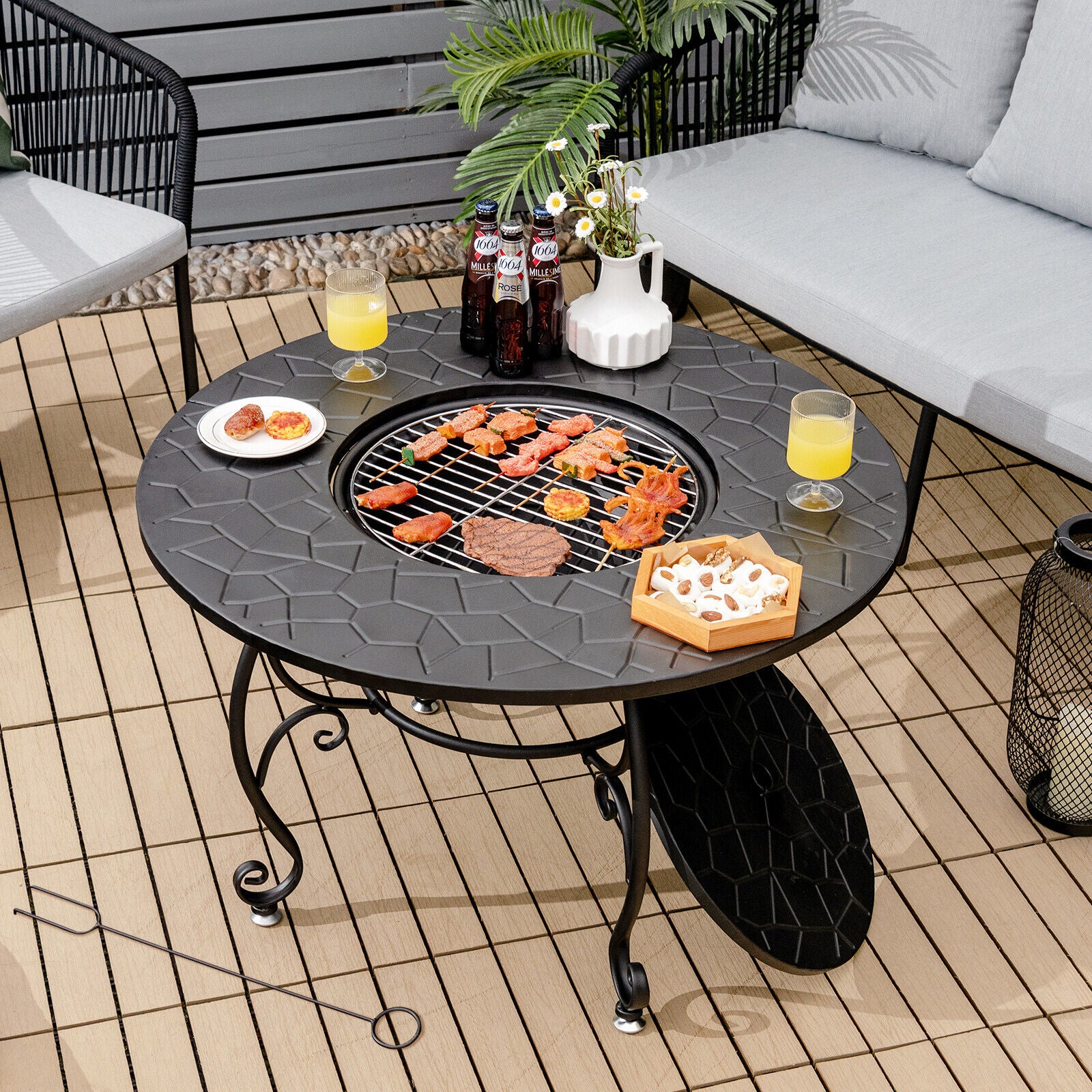 35.5" Patio Fire Pit Table Charcoal Wood with Cooking BBQ Grate