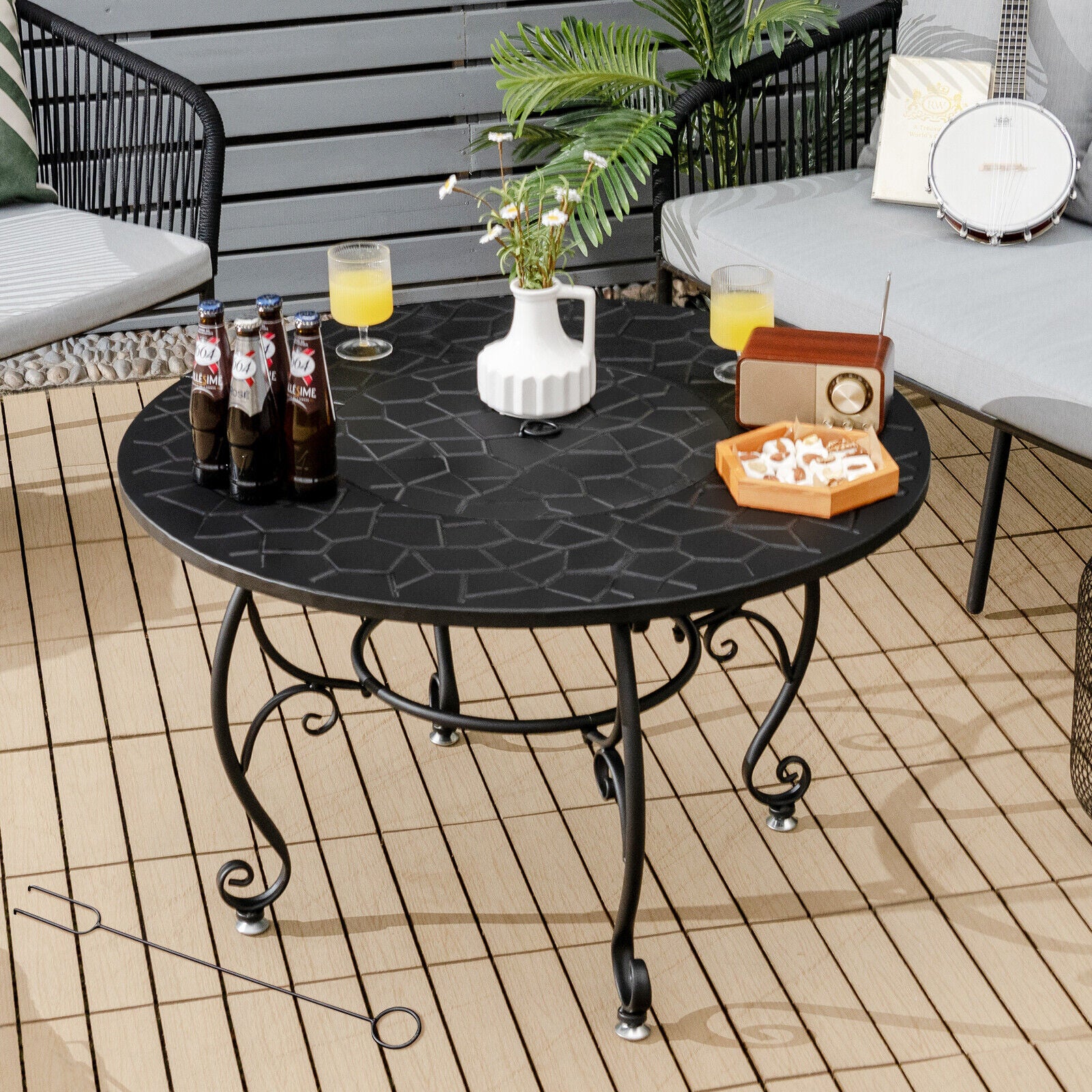 35.5" Patio Fire Pit Table Charcoal Wood with Cooking BBQ Grate