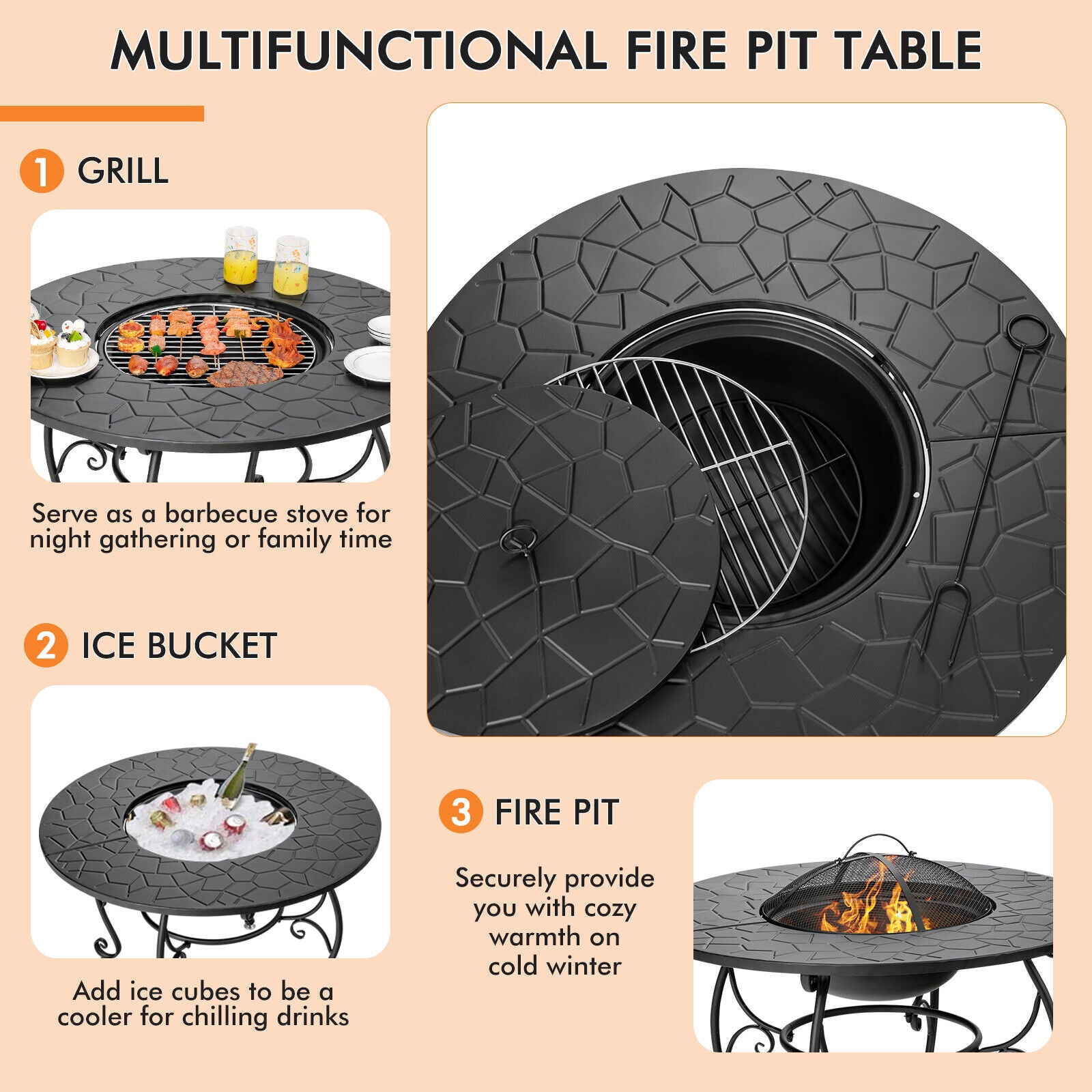 35.5" Patio Fire Pit Table Charcoal Wood with Cooking BBQ Grate