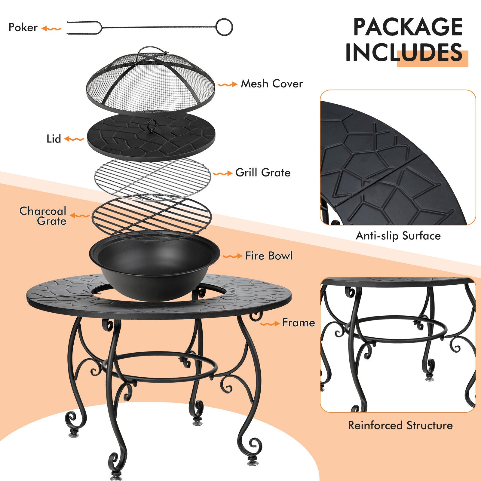 35.5" Patio Fire Pit Table Charcoal Wood with Cooking BBQ Grate