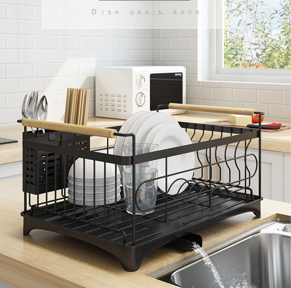 Dish Drying Rack Kitchen Drainer with Cutlery Holder Drip Tray Handles