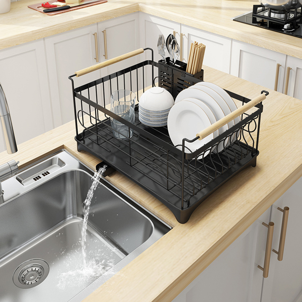 Dish Drying Rack Kitchen Drainer with Cutlery Holder Drip Tray Handles