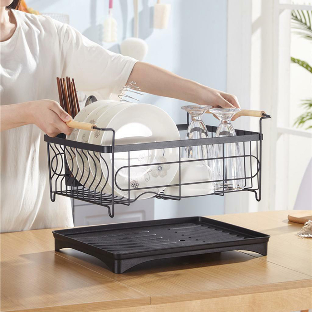 Dish Drying Rack Kitchen Drainer with Cutlery Holder Drip Tray Handles